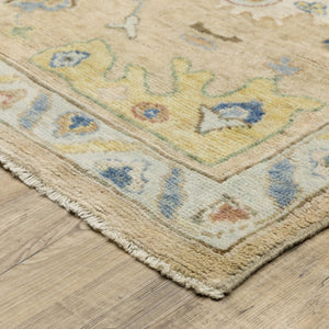 Homeroots 2' Beige Blue And Yellow Hand Knotted Wool Oriental Area Rug With Elegant Fringe For Timeless Decor 2' X 3' Wool 575288