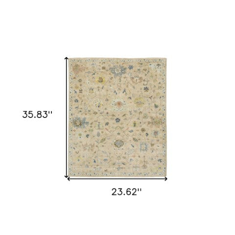 Homeroots 2' Beige Blue And Yellow Hand Knotted Wool Oriental Area Rug With Elegant Fringe For Timeless Decor 2' X 3' Wool 575288