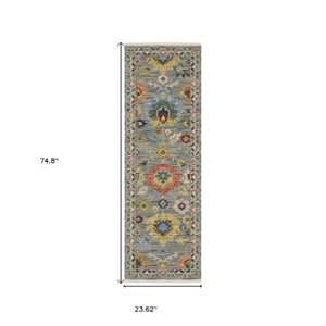 Homeroots 2' Gray Blue And Yellow Oriental Area Rug With Fringe – Stylish Design To Enhance Your Home Decor 6' Runner Wool Blend 575290