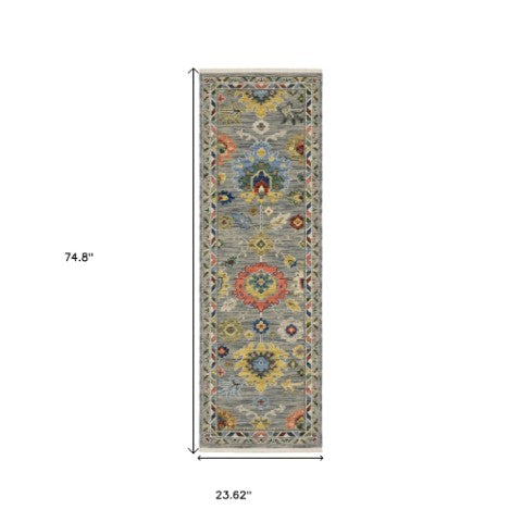 Homeroots 2' Gray Blue And Yellow Oriental Area Rug With Fringe – Stylish Design To Enhance Your Home Decor 6' Runner Wool Blend 575290