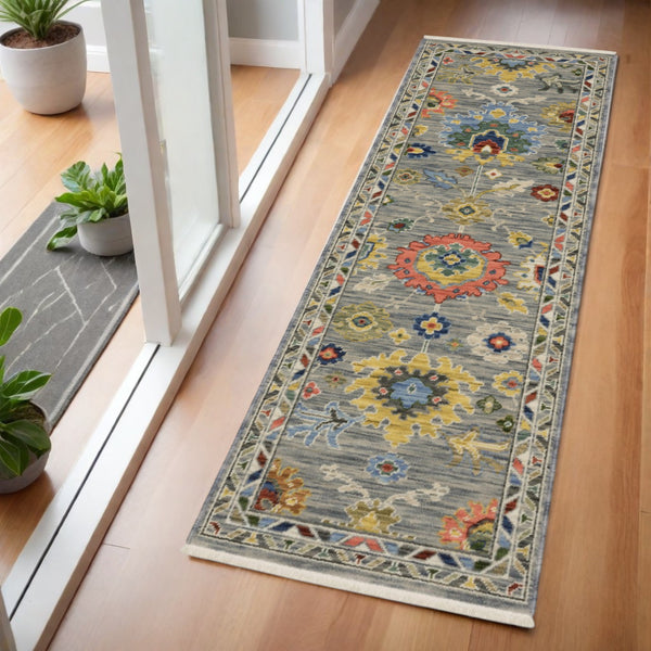 Homeroots 2' Gray Blue And Yellow Oriental Area Rug With Fringe – Stylish Design To Enhance Your Home Decor 6' Runner Wool Blend 575290