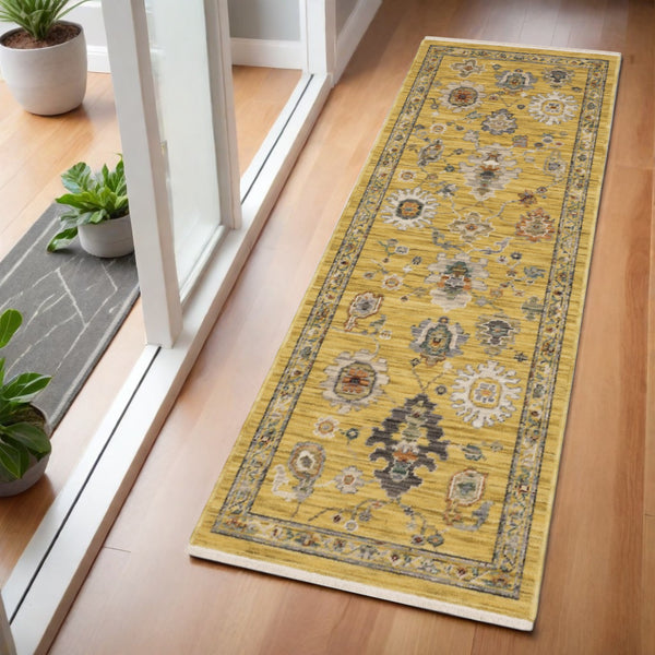 Homeroots 2' Yellow Oriental Area Rug With Fringe - Timeless Design For Cozy Home Decor And Warmth 6' Runner Wool Blend 575297