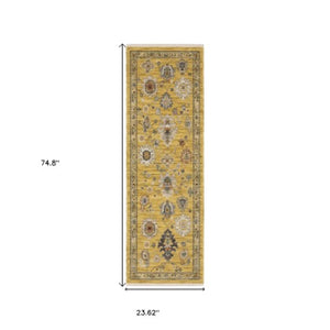 Homeroots 2' Yellow Oriental Area Rug With Fringe - Timeless Design For Cozy Home Decor And Warmth 6' Runner Wool Blend 575297