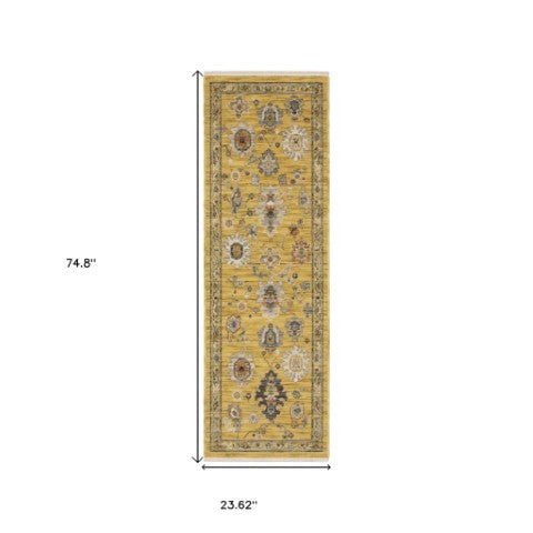 Homeroots 2' Yellow Oriental Area Rug With Fringe - Timeless Design For Cozy Home Decor And Warmth 6' Runner Wool Blend 575297