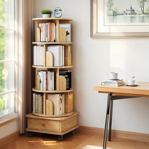 English Elm 5 Tier Rotating Bookshelf Tower with Curved Edges, 360° Smooth Spin, Stable Double-Layer Base, Space-Saving Storage Oak W3204P293695