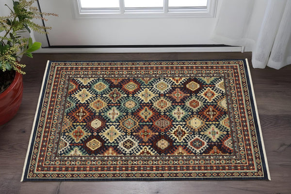 Homeroots 2' Navy Blue Oriental Area Rug With Elegant Fringe – Perfect For Adding Style And Warmth To Any Room 2' X 3' Wool Blend 575322