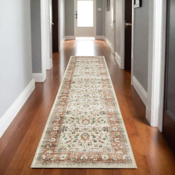 Homeroots 5' Ivory Oriental Distressed Area Rug - Stain Resistant, Non-skid Design For Stylish Home Decor 8' Runner Polyester 575325