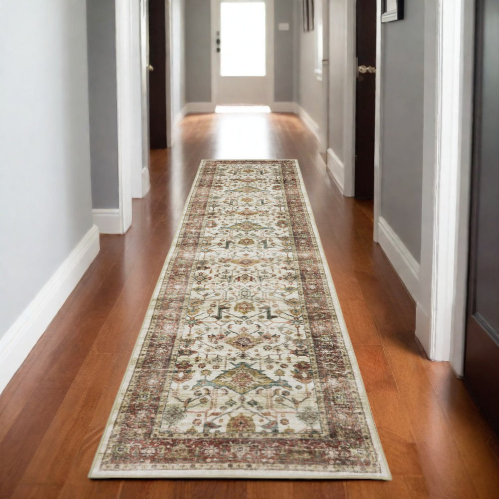 Homeroots 5' Ivory Oriental Distressed Area Rug - Elegant Non-skid Design, Stain Resistant For Any Décor 8' Runner Polyester 575327