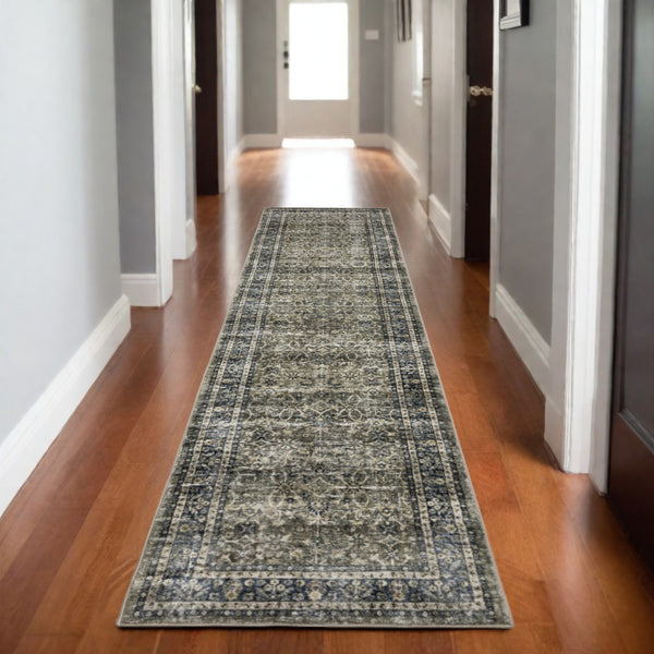 Homeroots 4' Charcoal And Blue Oriental Distressed Area Rug - Stylish, Stain-resistant, Perfect For Any Space 8' Runner Polyester 575328