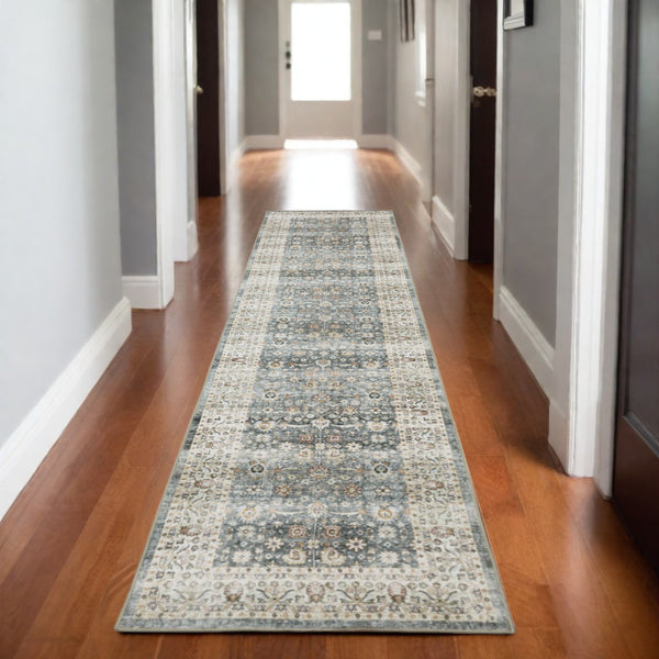 Homeroots 4' Teal Oriental Distressed Area Rug - Stylish, Non-skid, Stain-resistant Design For Any Room 8' Runner Polyester 575329