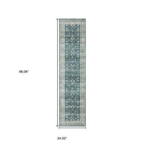 Homeroots 4' Teal Oriental Distressed Area Rug - Stylish, Non-skid, Stain-resistant Design For Any Room 8' Runner Polyester 575330