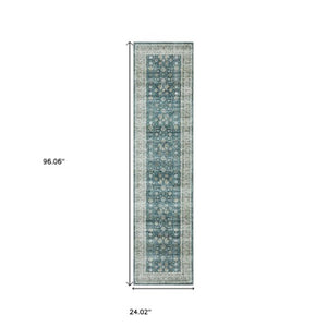 Homeroots 4' Teal Oriental Distressed Area Rug - Stylish, Non-skid, Stain-resistant Design For Any Room 8' Runner Polyester 575330