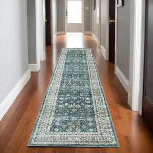 Homeroots 4' Teal Oriental Distressed Area Rug - Stylish, Non-skid, Stain-resistant Design For Any Room 8' Runner Polyester 575330