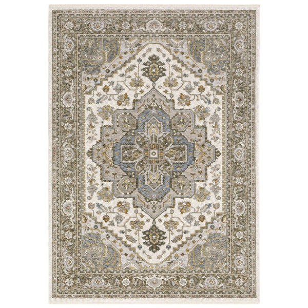 Homeroots 5' Ivory Medallion Fringe Area Rug – Stain-resistant, Stylish Design For Home Décor Enhancement 3' X 5' Polyester 575331