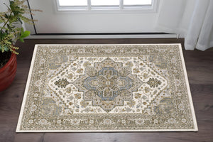 Homeroots 5' Ivory Medallion Fringe Area Rug – Stain-resistant, Stylish Design For Home Décor Enhancement 3' X 5' Polyester 575331