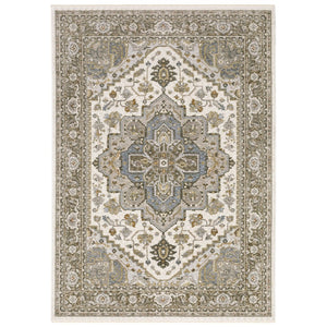 HomeRoots 5' Elegant Ivory and Gold Medallion Distressed Area Rug with Fringe for Timeless Home Decor 3' X 5' 575331