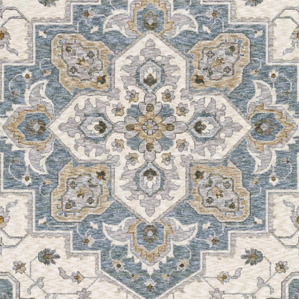 Homeroots 5' Blue Medallion Distressed Area Rug With Fringe - Stylish, Stain-resistant, Perfect For Homes! 3' X 5' Polyester 575332