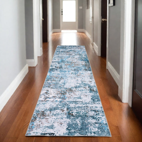 Homeroots 5' Abstract Blue Distressed Area Rug - Stylish Non-skid Design, Stain Resistant & Perfect For Homes 8' Runner Polyester 575341