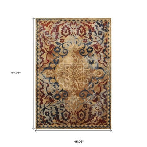 Homeroots 4' Gold Oriental Area Rug – Stylish Distressed Design, Stain Resistant For Homes With Kids & Pets 4' X 6' Polypropylene,Polyester 575350