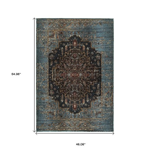 Homeroots 4' Blue Medallion Distressed Area Rug – Stylish Stain Resistant Design For Homes With Kids & Pets 4' X 6' Polypropylene,Polyester 575352