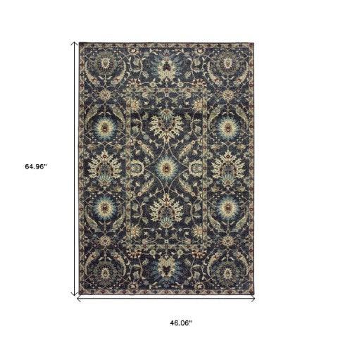 Homeroots 5' Ivory Oriental Area Rug With Navy Blue And Brown Accents – Stain Resistant For Stylish Homes 4' X 6' Polypropylene 575356
