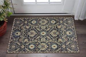 Homeroots 5' Ivory Oriental Area Rug With Navy Blue And Brown Accents – Stain Resistant For Stylish Homes 4' X 6' Polypropylene 575356