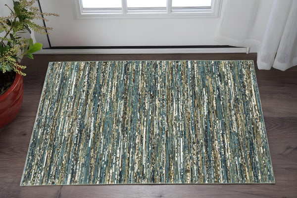 HomeRoots 3' Blue, Brown & Ivory Striped Area Rug - Durable, Stain-Resistant for High-Traffic Areas & Style 3' X 5' 575370