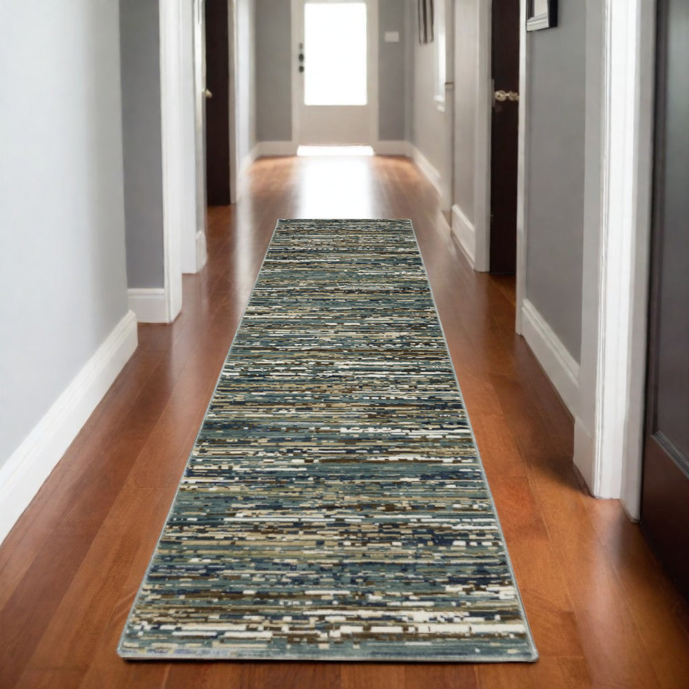 Homeroots 3' Stylish Blue Striped Area Rug - Stain Resistant, Comfortable Texture, Perfect For Homes With Kids & Pets 8' Runner Polypropylene,Polyester 575371
