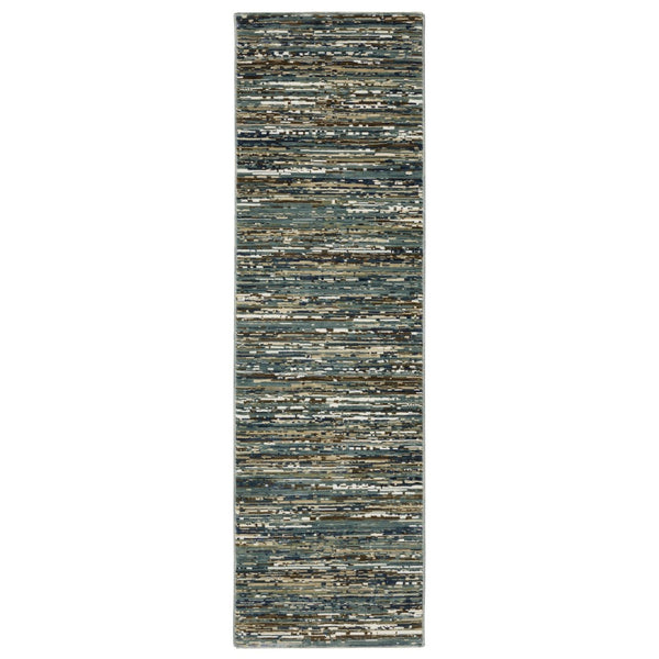 HomeRoots 3' Blue, Brown & Ivory Striped Area Rug - Durable, Stain-Resistant for High-Traffic Areas & Style 8' Runner 575371