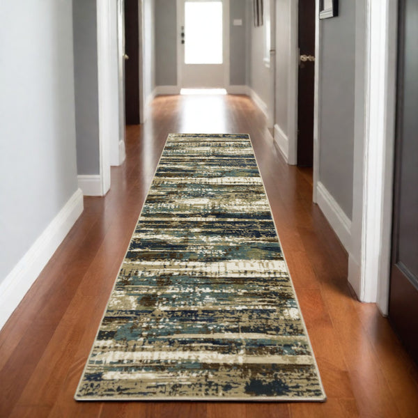 Homeroots 3' Beige Abstract Area Rug - Stylish Power Loom Design For Comfort, Stain Resistant & Versatile Decor 8' Runner Polypropylene,Polyester 575373