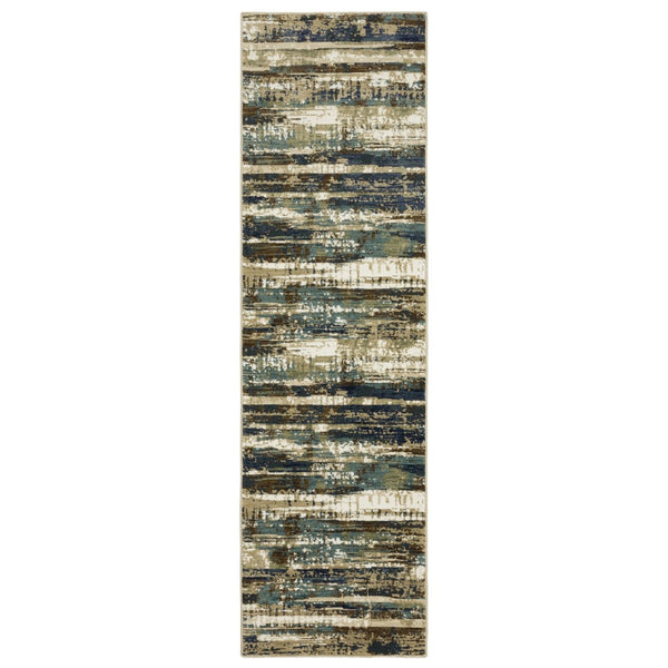 HomeRoots 3' Modern Beige and Blue Abstract Area Rug - Durable, Stain-Resistant Design for Stylish Living Spaces 8' Runner 575373