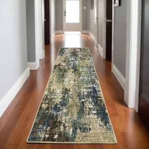 Homeroots 3' Abstract Blue Area Rug - Stain Resistant, Soft Texture, Perfect For Kids & Pets, Adds Warmth 8' Runner Polypropylene,Polyester 575381