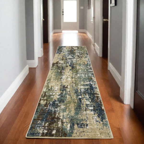 Homeroots 3' Abstract Blue Area Rug - Stain Resistant, Soft Texture, Perfect For Kids & Pets, Adds Warmth 8' Runner Polypropylene,Polyester 575381
