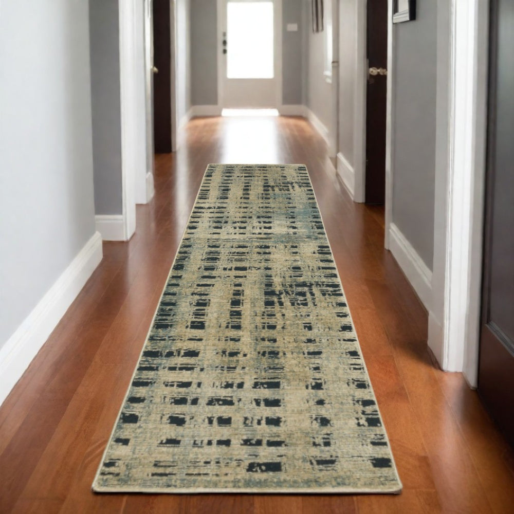 HomeRoots 3' Beige and Blue Geometric Area Rug - Modern Design for High-Traffic Spaces, Durable and Stylish 8' Runner 575383
