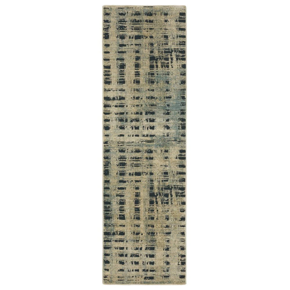 HomeRoots 3' Beige and Blue Geometric Area Rug - Modern Design for High-Traffic Spaces, Durable and Stylish 8' Runner 575383