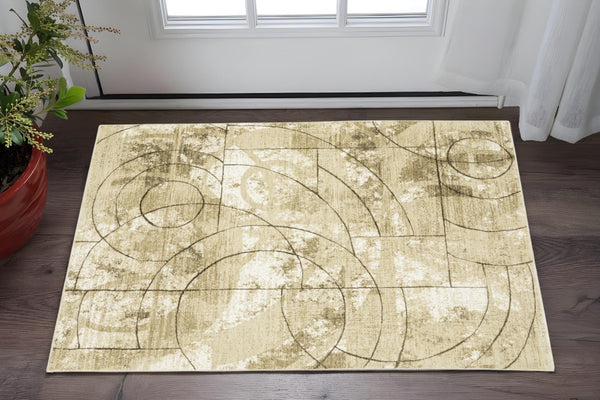 Homeroots 3' Artistic Beige Geometric Power Loom Area Rug - Stain Resistant, Perfect For Kids And Pets 3' X 5' Polypropylene,Polyester 575388