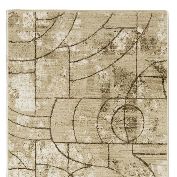 Homeroots 3' Artistic Beige Geometric Power Loom Area Rug - Stain Resistant, Perfect For Kids And Pets 8' Runner Polypropylene,Polyester 575389