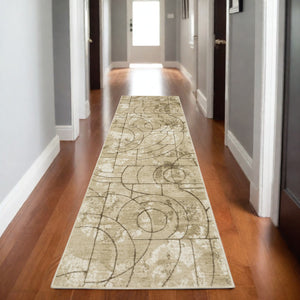 Homeroots 3' Artistic Beige Geometric Power Loom Area Rug - Stain Resistant, Perfect For Kids And Pets 8' Runner Polypropylene,Polyester 575389