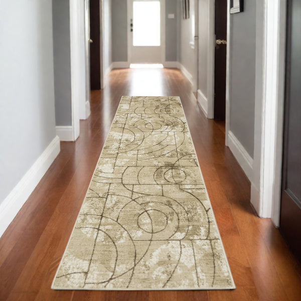 Homeroots 3' Artistic Beige Geometric Power Loom Area Rug - Stain Resistant, Perfect For Kids And Pets 8' Runner Polypropylene,Polyester 575389
