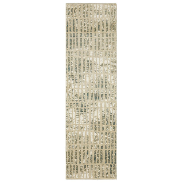 HomeRoots 3' Beige and Blue Geometric Area Rug - Stylish Modern Design for High-Traffic Spaces and Durability 8' Runner 575393