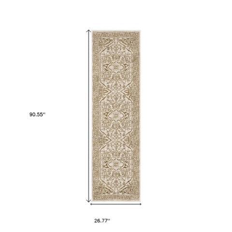 Homeroots 5' Ivory And Gold Oriental Area Rug - Stain Resistant, Stylish Design For Any Home Decor 8' Runner Polyester 575397