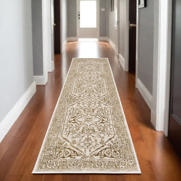 Homeroots 5' Ivory And Gold Oriental Area Rug - Stain Resistant, Stylish Design For Any Home Decor 8' Runner Polyester 575397