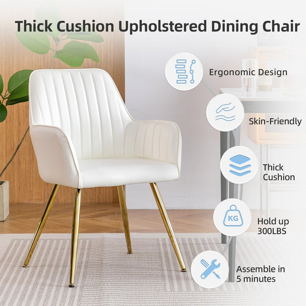 English Elm Faux Leather Mid-Back Dining Chairs Set of 2 with Gold-Plated Legs, Removable Cushions, White Elegance W3394P329169