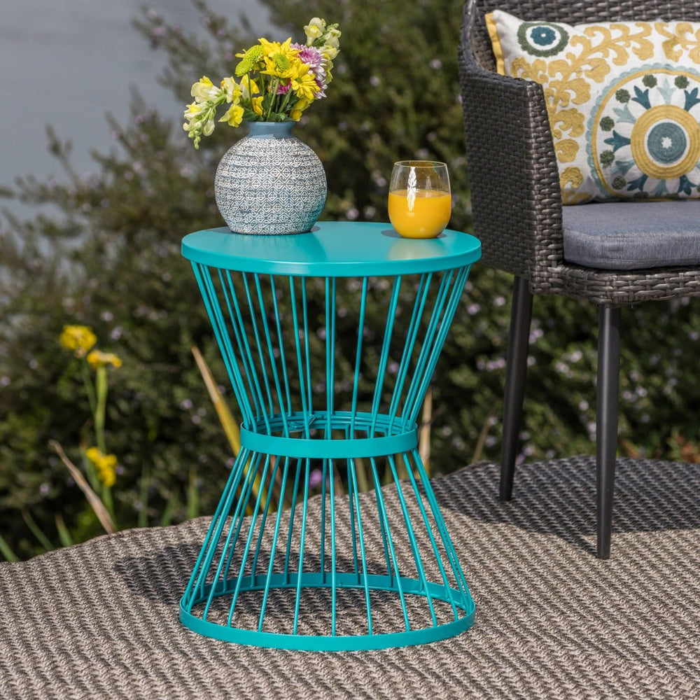English Elm 16" Stainless Steel Outdoor Side Table Sculptural Hourglass Base Patio Accent N767P360895T