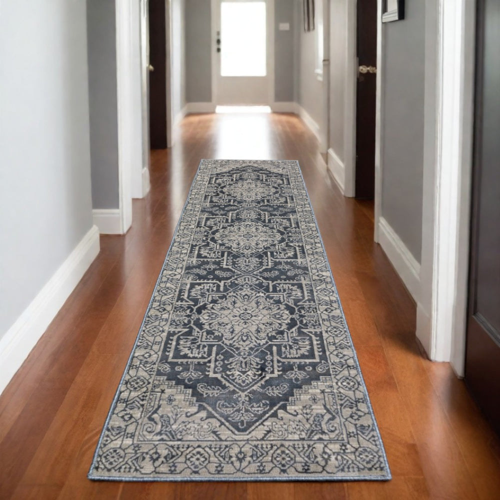 HomeRoots 5' Timeless Blue and Gray Oriental Area Rug - Durable, Family-Friendly Style for Any Room 8' Runner 575403