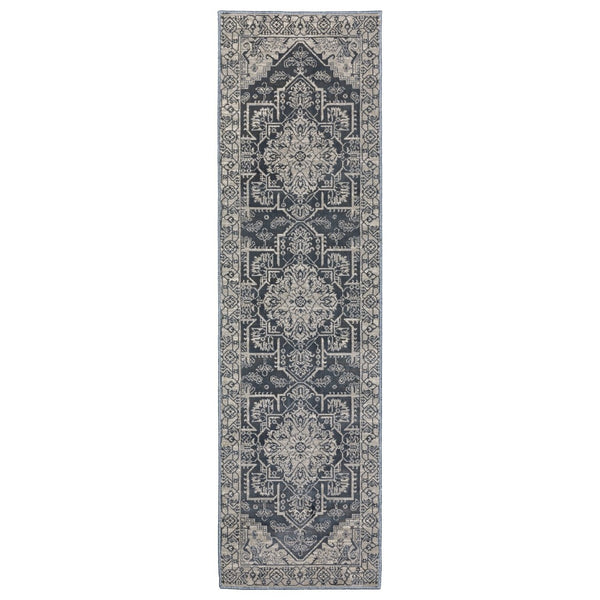 HomeRoots 5' Timeless Blue and Gray Oriental Area Rug - Durable, Family-Friendly Style for Any Room 8' Runner 575403