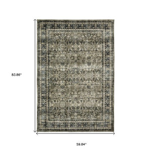 Homeroots 4' Charcoal And Blue Oriental Distressed Area Rug - Stylish, Stain-resistant, Perfect For Any Space 5' X 7' Polyester 575404