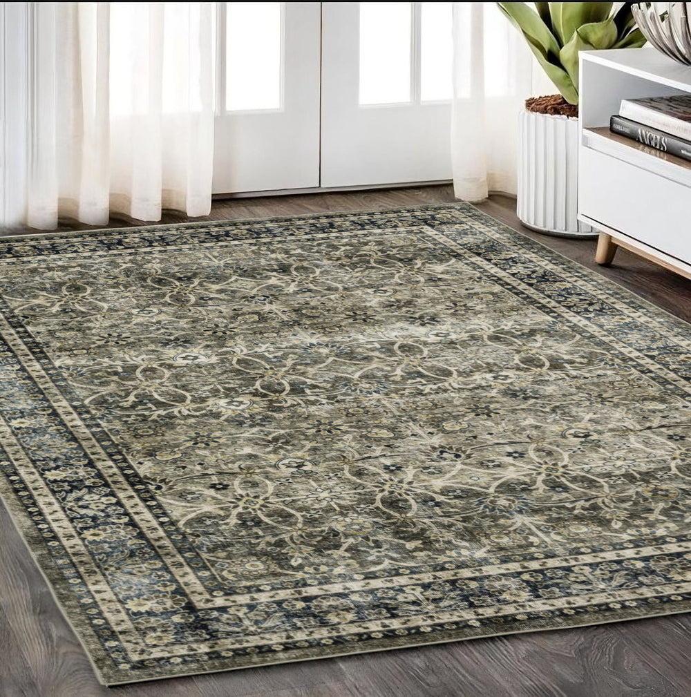 Homeroots 4' Charcoal And Blue Oriental Distressed Area Rug - Stylish, Stain-resistant, Perfect For Any Space 5' X 7' Polyester 575404