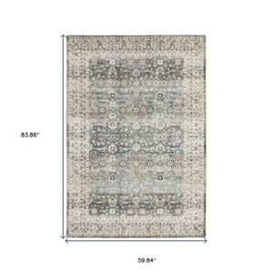 Homeroots 4' Teal Oriental Distressed Area Rug - Stylish, Non-skid, Stain-resistant Design For Any Room 5' X 7' Polyester 575406