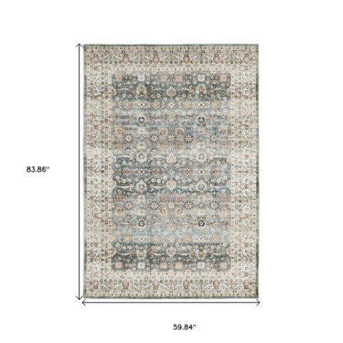 Homeroots 4' Teal Oriental Distressed Area Rug - Stylish, Non-skid, Stain-resistant Design For Any Room 5' X 7' Polyester 575406